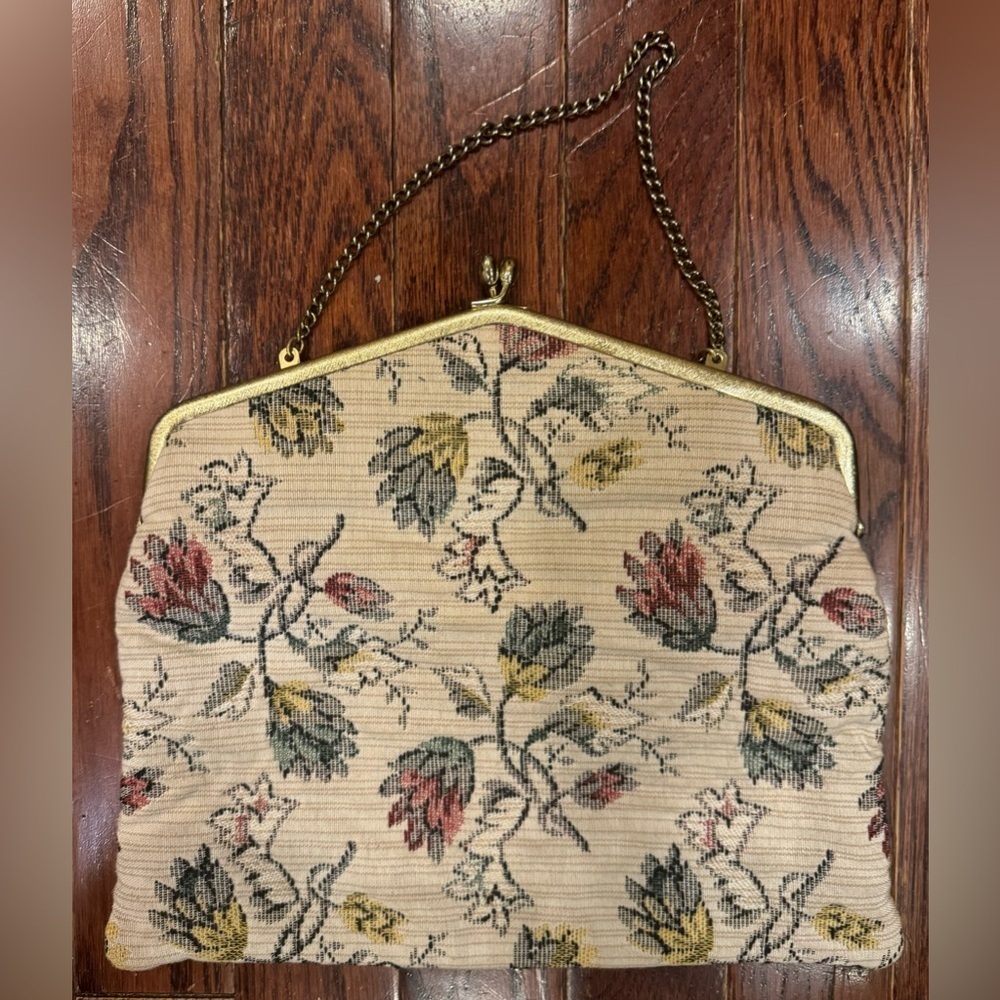 Vintage Tapestry Clutch Floral Bag Chain Handle Cream Green Yellow Red Artsy Art - Picture 4 of 6